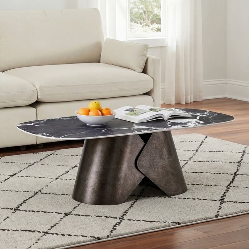 Spruce & Spring Modern Luxury Oval Ceramic Coffee Table with Black Marble Look Top and Sculptural Metal Base