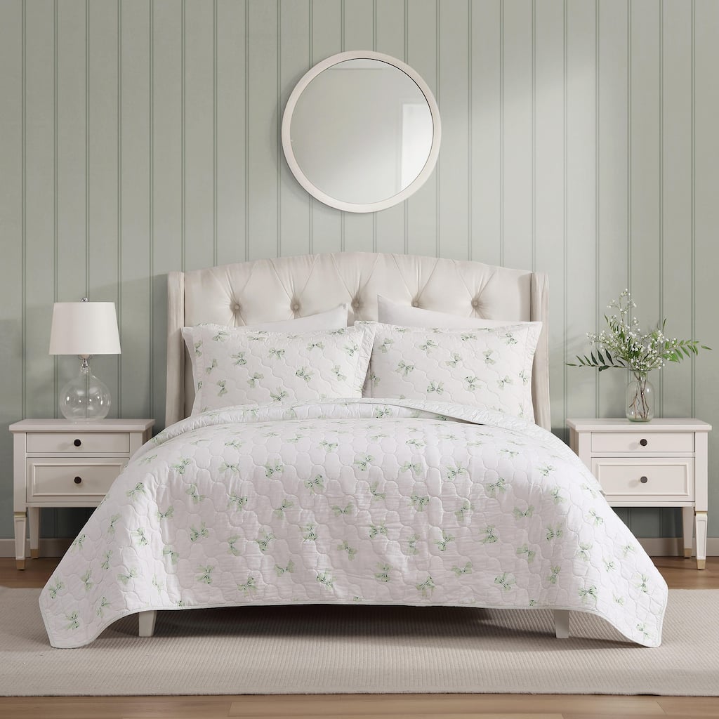 Laura Ashley Bouncy Bows Cotton Reversible Green Quilt Set