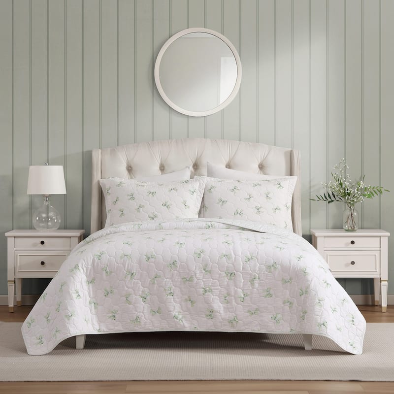 Laura Ashley Bouncy Bows Cotton Reversible Green Quilt Set