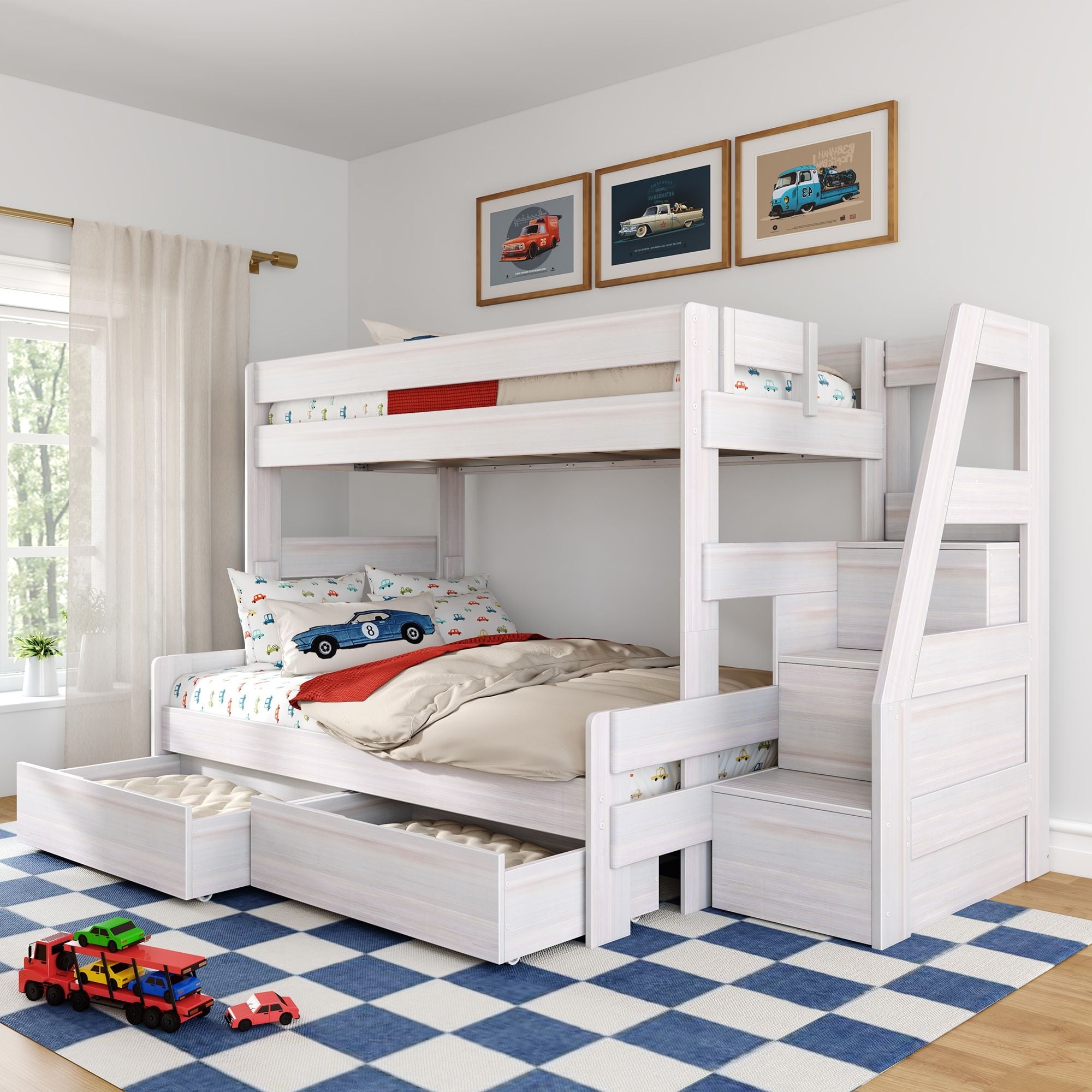 Max and Lily Modern Farmhouse Twin Over Full Bunk Bed With Staircase and Storage Drawers