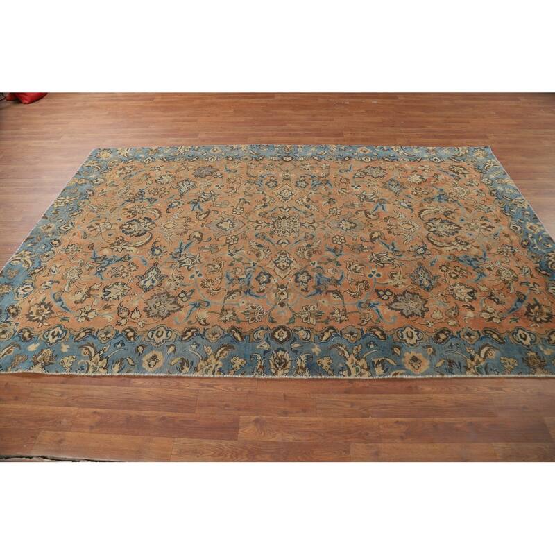 Distressed Floral Tabriz Persian Rug Hand-Knotted Orange Wool Carpet - 5'5"x 8'8"