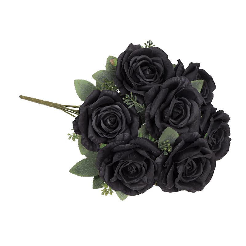 Set of 2 Deluxe Black Artificial Elegant Rose Flower Stem Bush Bouquet 17in - 17" L x 10" W x 10" DP