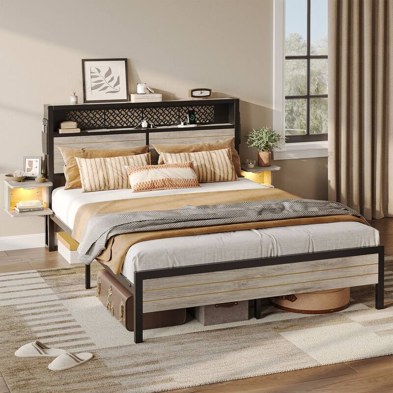 Bestier Bed Frame with Horizontal Golden Stripe Storage Headboard&LED Nightstands, Metal Platform Bed with Charging Station