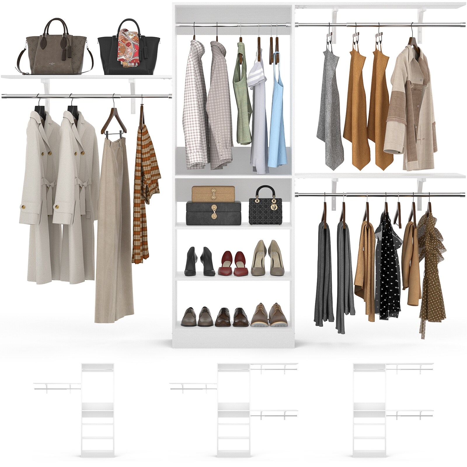 96'' W Closet Organizer With Adjustable Rods and DIY Shelves for