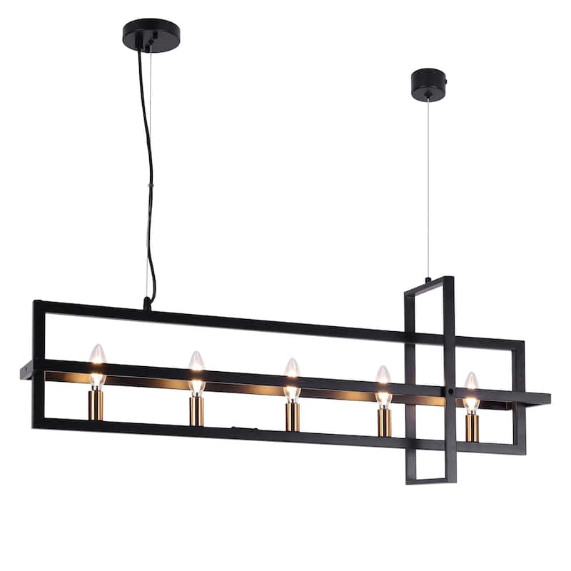 Modern 5-Light Linear Chandelier Candle Kitchen Island Lights - Black&Brass - 36.7"Wx7"Dx14.7"H