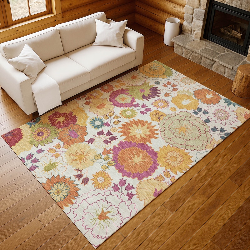 Machine Washable Indoor/ Outdoor Modern Floral Chantille Rug