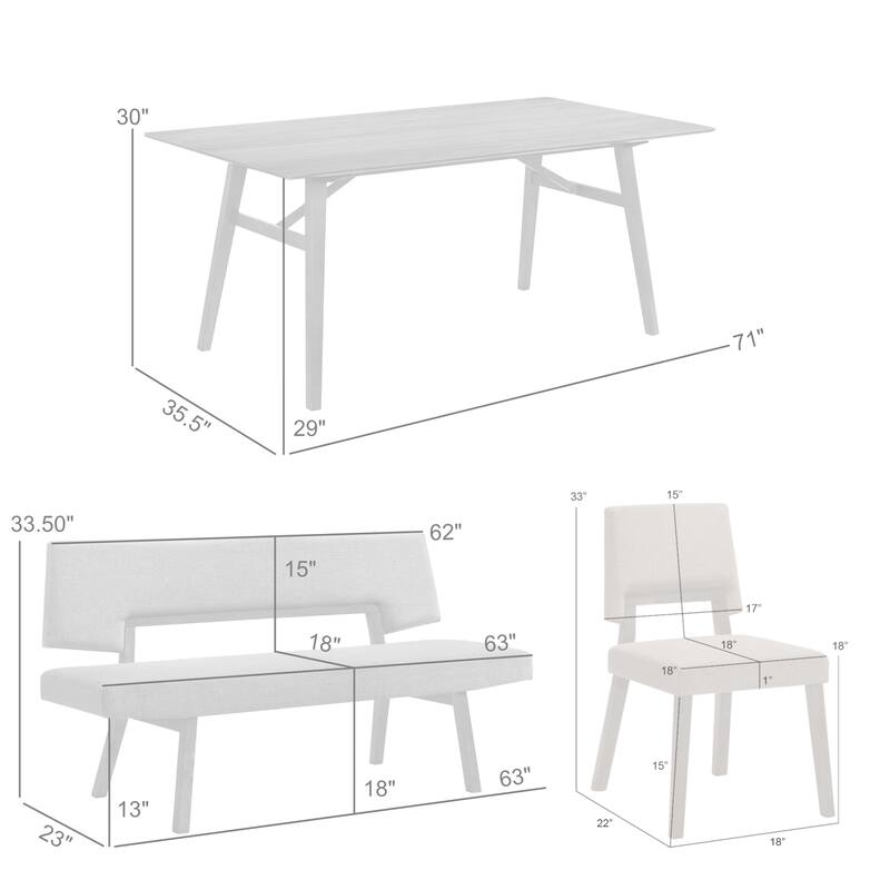 Channell Mid-Century Modern 6 Piece Dining Table set with 4 Dining Chairs and 1 Dining Bench