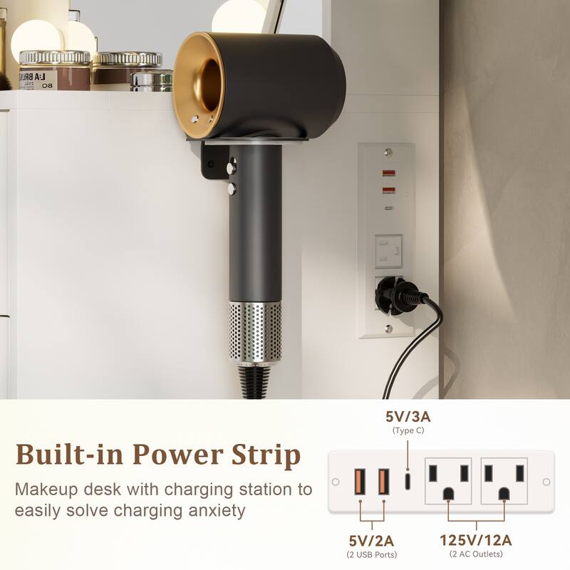 Transparent Tabletop Makeup Vanity Table / 2-Piece Vanity Desk and Stool Set with Charging Station