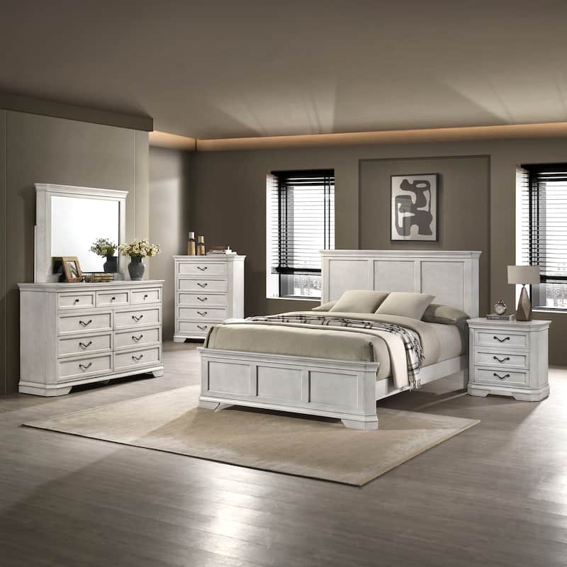 Roundhill Furniture Maderne Traditional Wood Panel Bed with Dresser, Mirror, Nightstand, Chest - Antique White - Queen