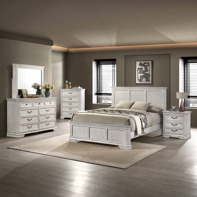 Roundhill Furniture Maderne Traditional Wood Panel Bed with Dresser, Mirror, Two Nightstands, Chest - Antique White - Queen