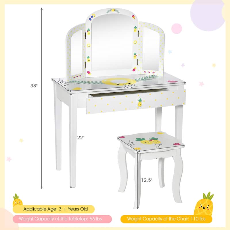 Gymax Kids Vanity Table Set Tri-Folding Mirror Pretend Play Dressing