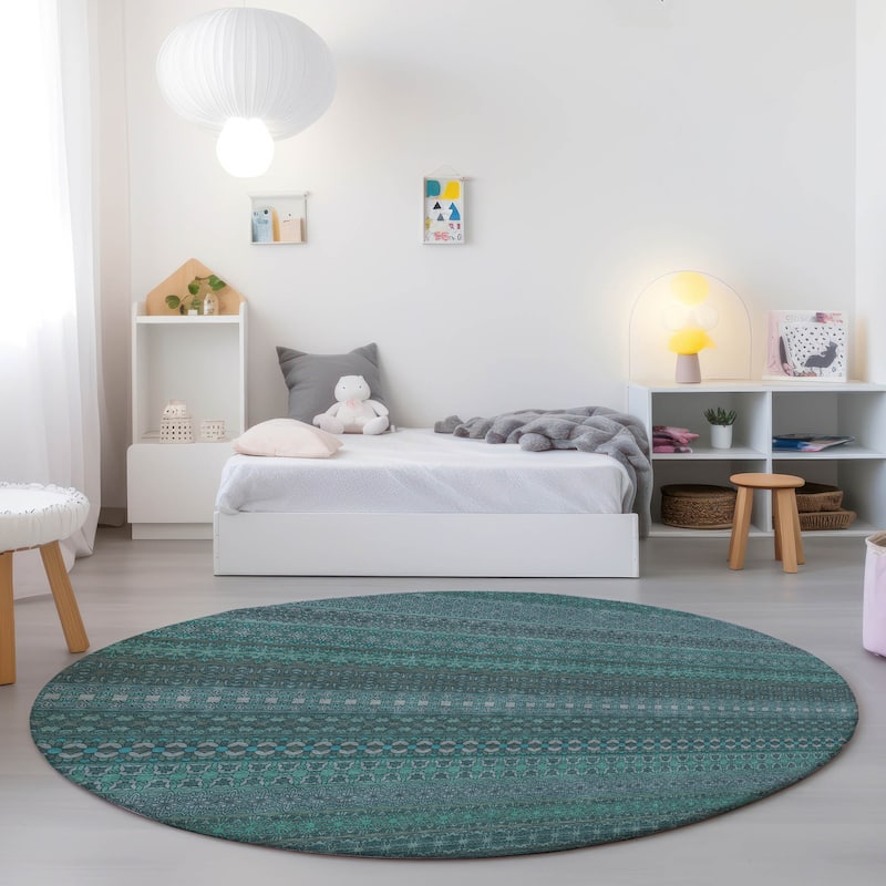 Machine Washable Indoor/ Outdoor Moroccan Stripes Chantille Rug - Turquoise - 8' x 8'