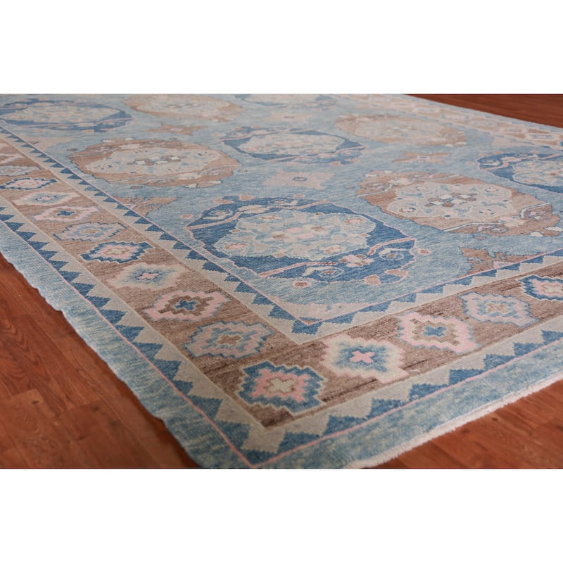 Hand Knotted Oriental 100% Wool Carpet Transitional Geometric Navy Blue & Blues Oushak Area Rug - 12' 1'' X 9' 5''