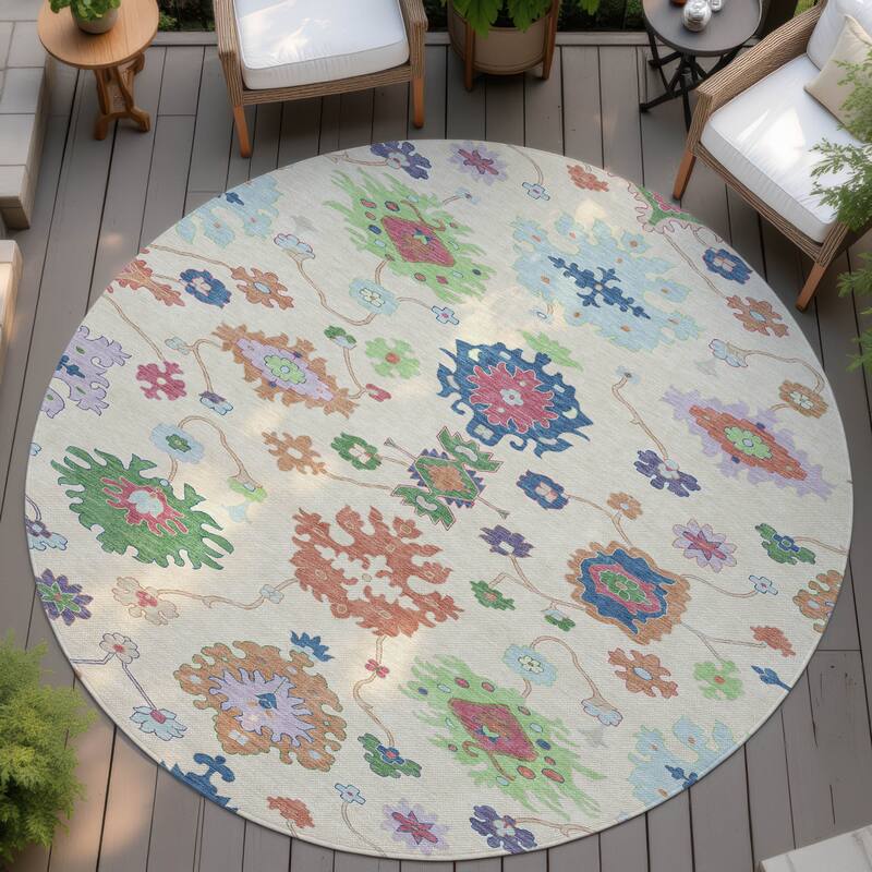 Machine Washable Indoor/ Outdoor Traditonal Delhi Chantille Rug - Linen - 8' x 8'