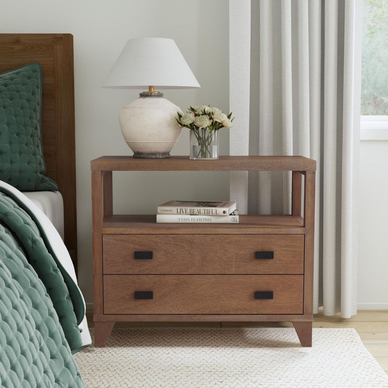 Handmade Wood 2-Drawer Nightstand with Open Shelf by East at Main