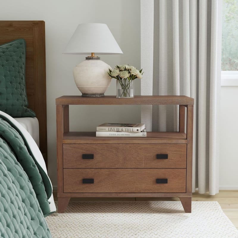 Handmade Wood 2-Drawer Nightstand with Open Shelf by East at Main - Brown