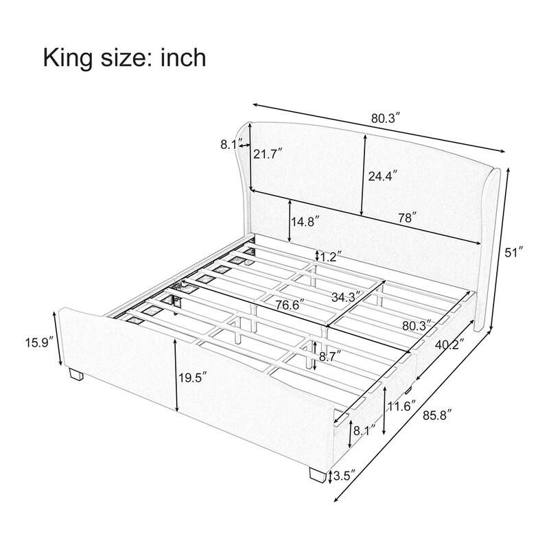King Size 51" High Headboard Wingback Linen Upholstered Bed