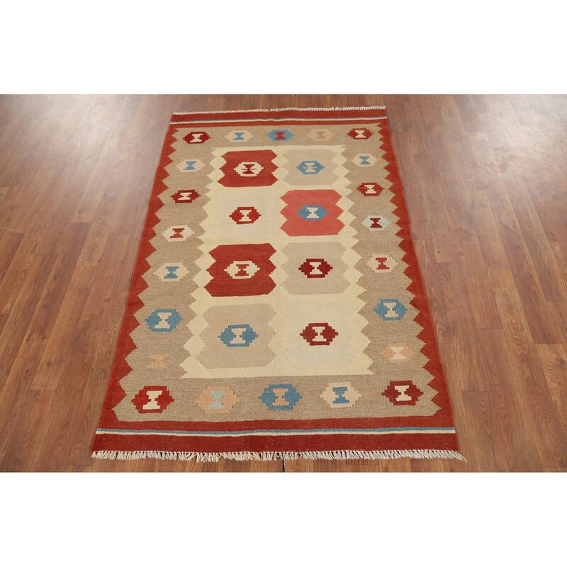 Hand-Woven Geometric Kilim Persian Accent Rug Handmade Wool Carpet - 3'2"x 4'11"