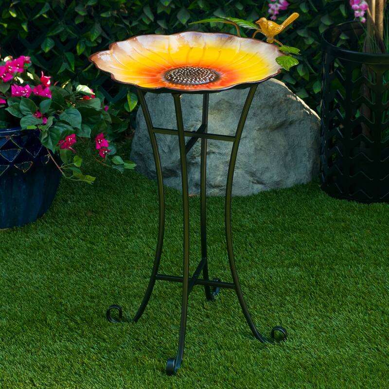 Metal Daisy Birdbath with Bird and Sunflower Stand