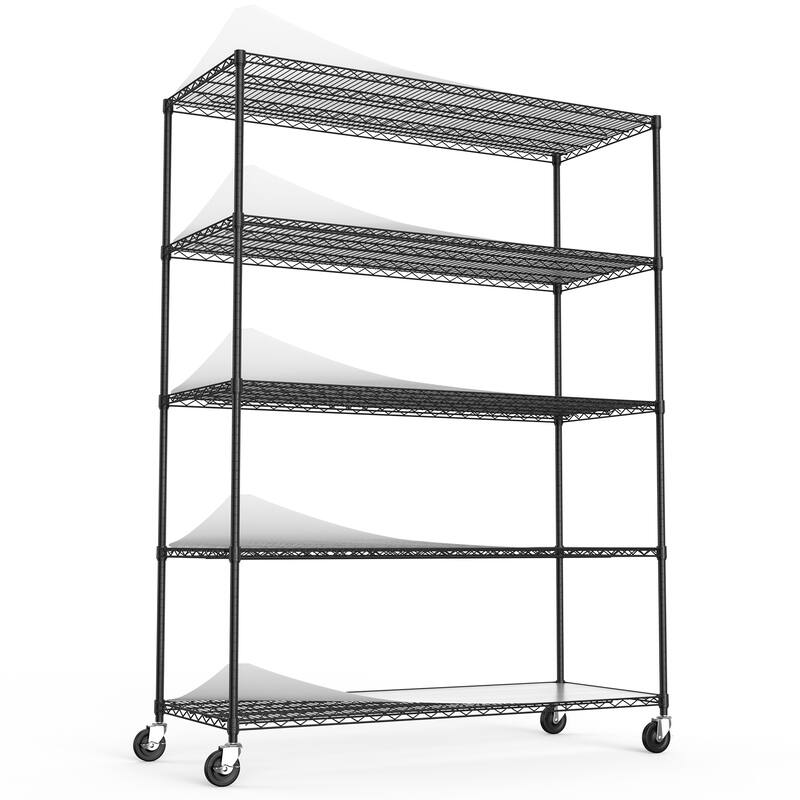 5 Tier Adjustable Metal Wire Shelf Unit with Wheels and Shelf Liners - Black