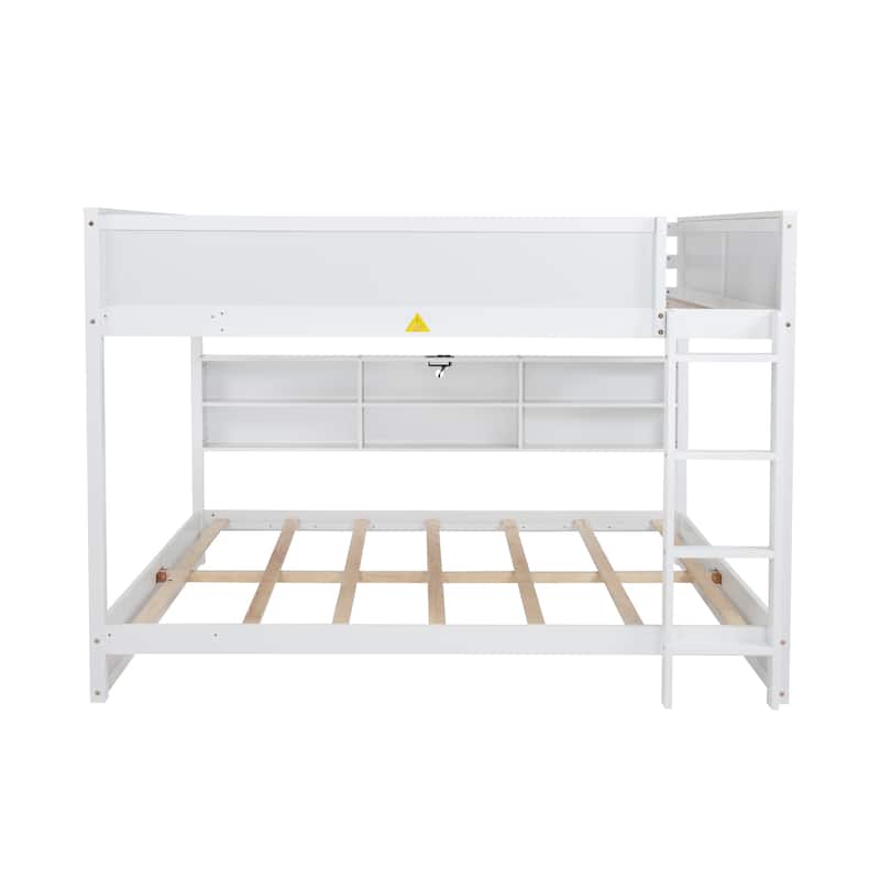 Queen Over Queen Bunk Bed with Built-in Storage Cabinets,Charging Station,Ladder,Safety Guardrails