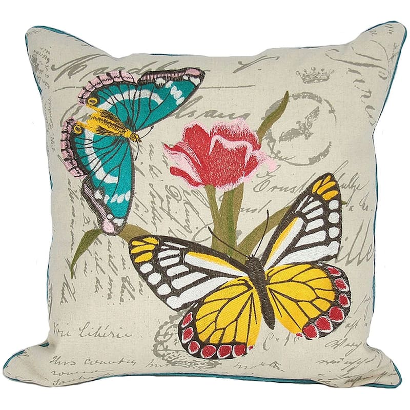 18"x18" Beige and Aqua Butterfly Linen Blend Floral Zippered Pillow