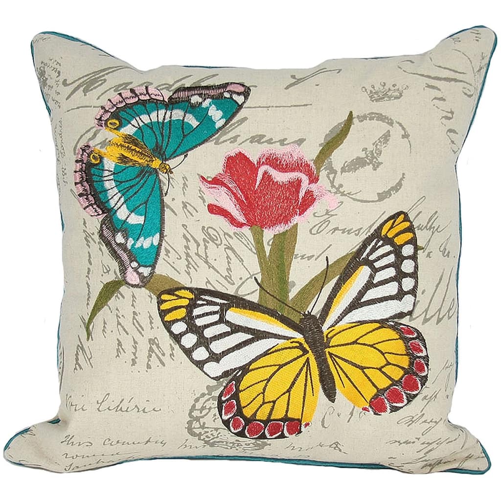 18"x18" Beige and Aqua Butterfly Linen Blend Floral Zippered Pillow