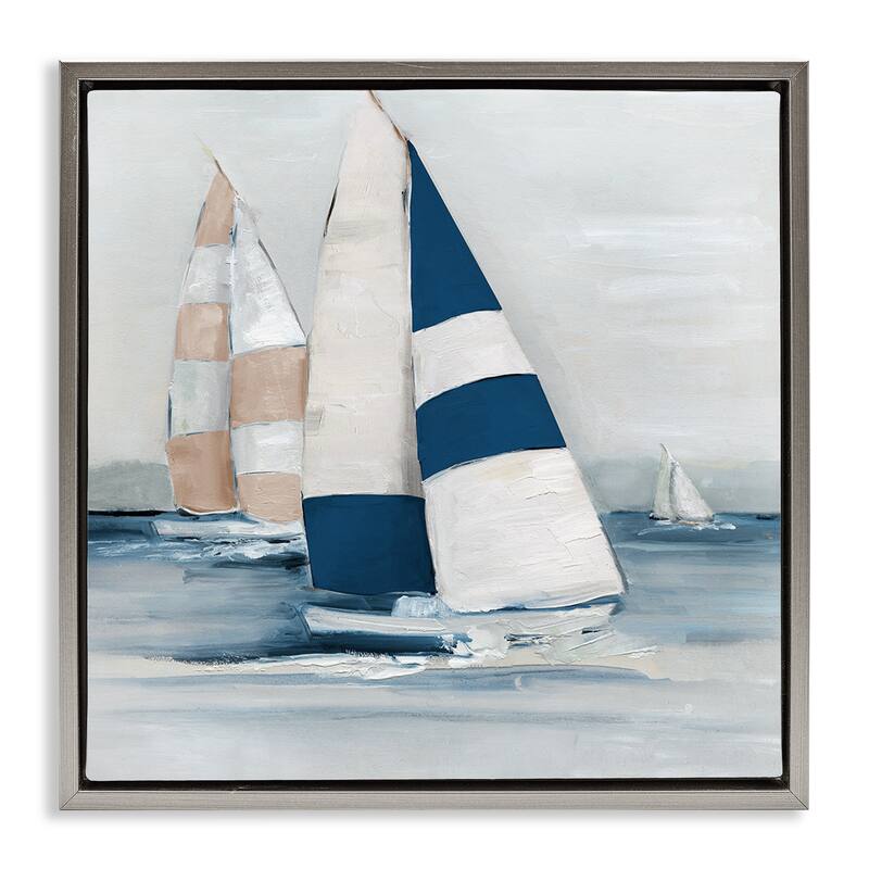 Stupell Striped Sailboat Voyage Framed Floater Canvas Wall Art Design By Sally Swatland - 18 x 18 - Grey