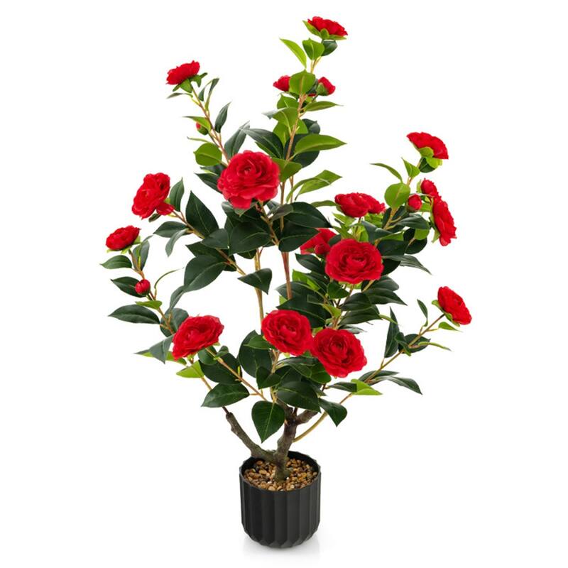 Set of 2 Artificial Camellia Trees 36 Inch Lifelike Indoor Decorative Plants with Cement Pots - 5" x 36"