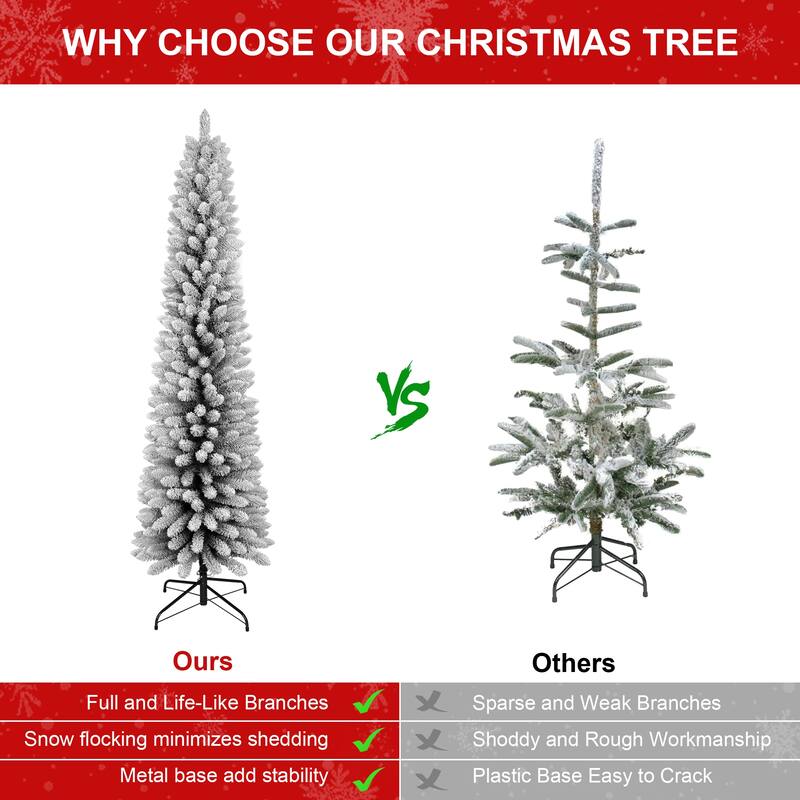 6FT Flocked Pencil Christmas Tree-Slim PVC Tree with 358 Snowy Tips, Space-Saving Design,Realistic Snow Effect