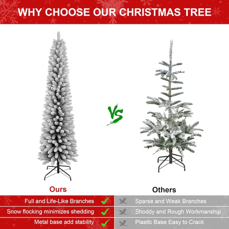 7FT Flocked Pencil Christmas Tree-Slim PVC Tree with 469 Snowy Tips,Space-Saving Design,Realistic Snow Effect