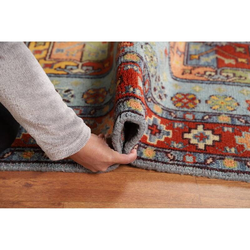 Geometric Blue Khotan Indian Area Rug Handmade Wool Carpet - 7'11"x 9'10"