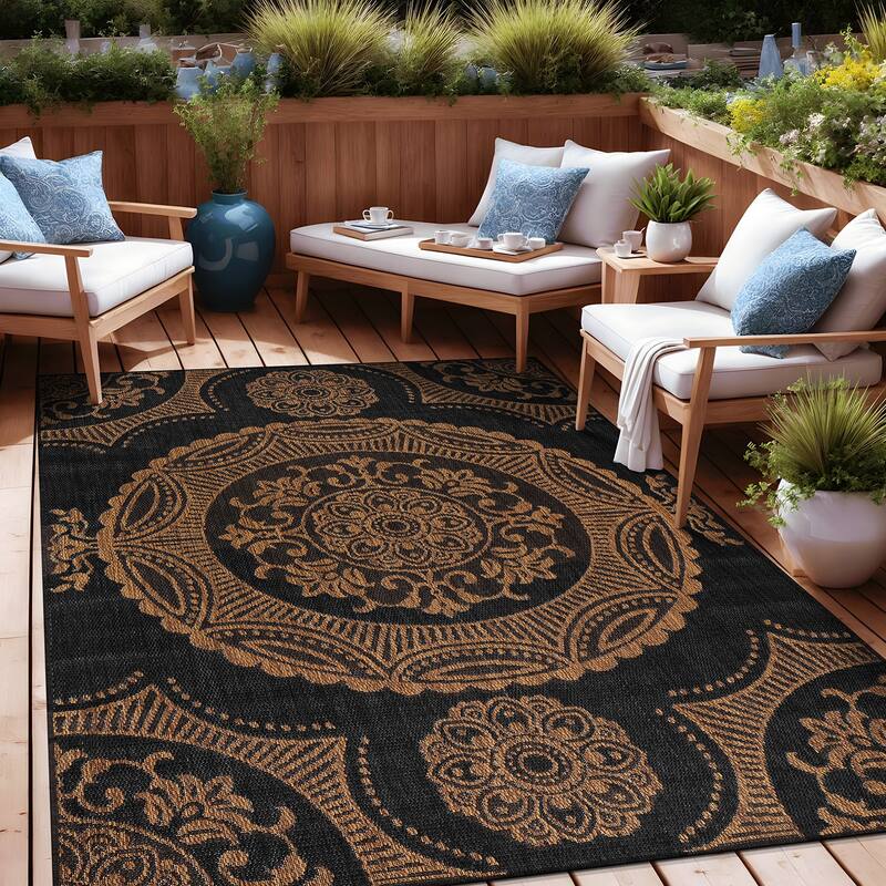 Beverly Rug Blue Medallion Indoor Outdoor Rug, Outside Carpet for Patio, Deck, Porch