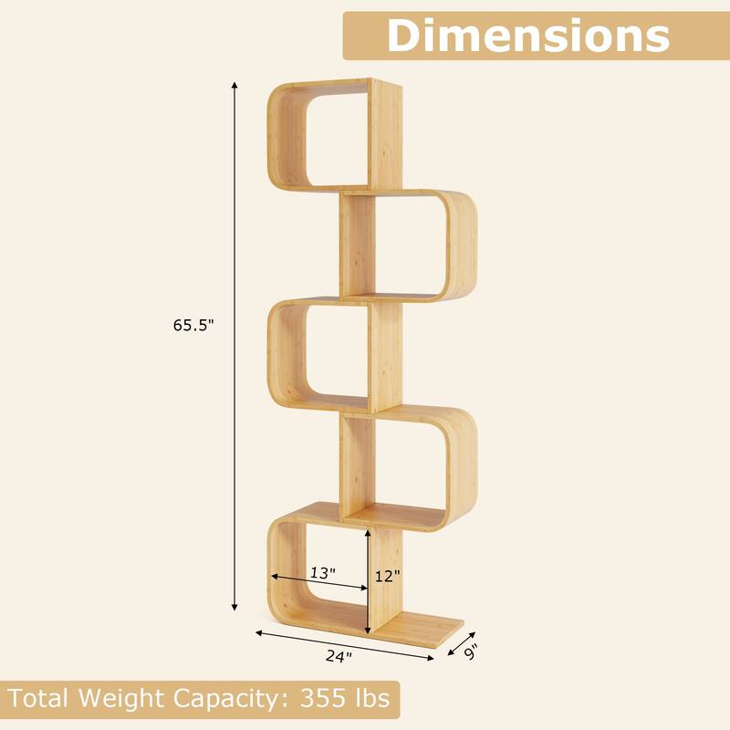 Gymax 5-Tier S-Shaped Bookcase w/ 5 Open Cubes Geometric Corner