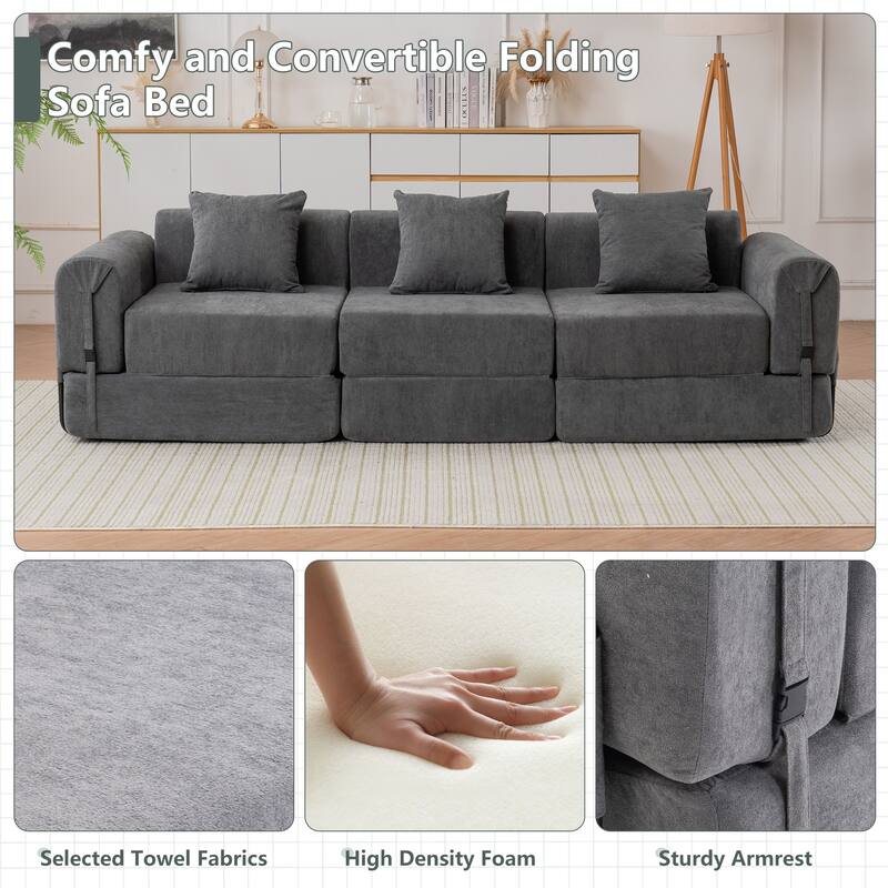 Folding Recliner Sofa 3-seater Straight Row Sectional Sofa Convertible Sleeper Sofa Bed, Fold Out Floor Couch Modular Sofa