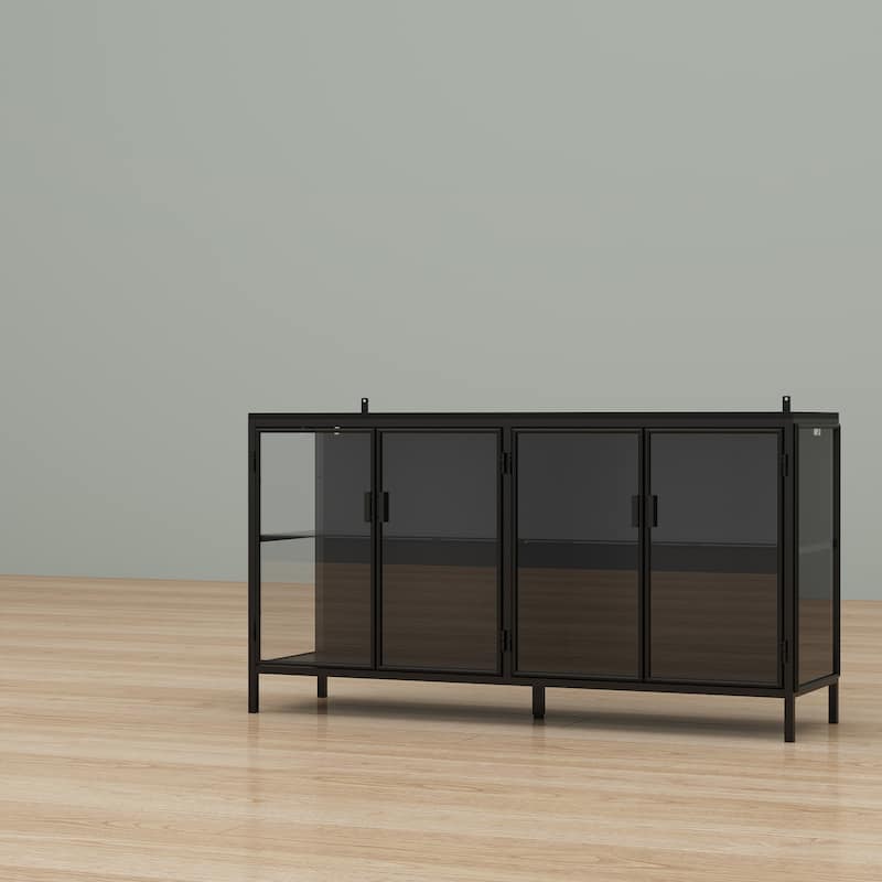 Black Metal & Glass Display Cabinet with LED Lights Accent Cabinet - 55.1"W
