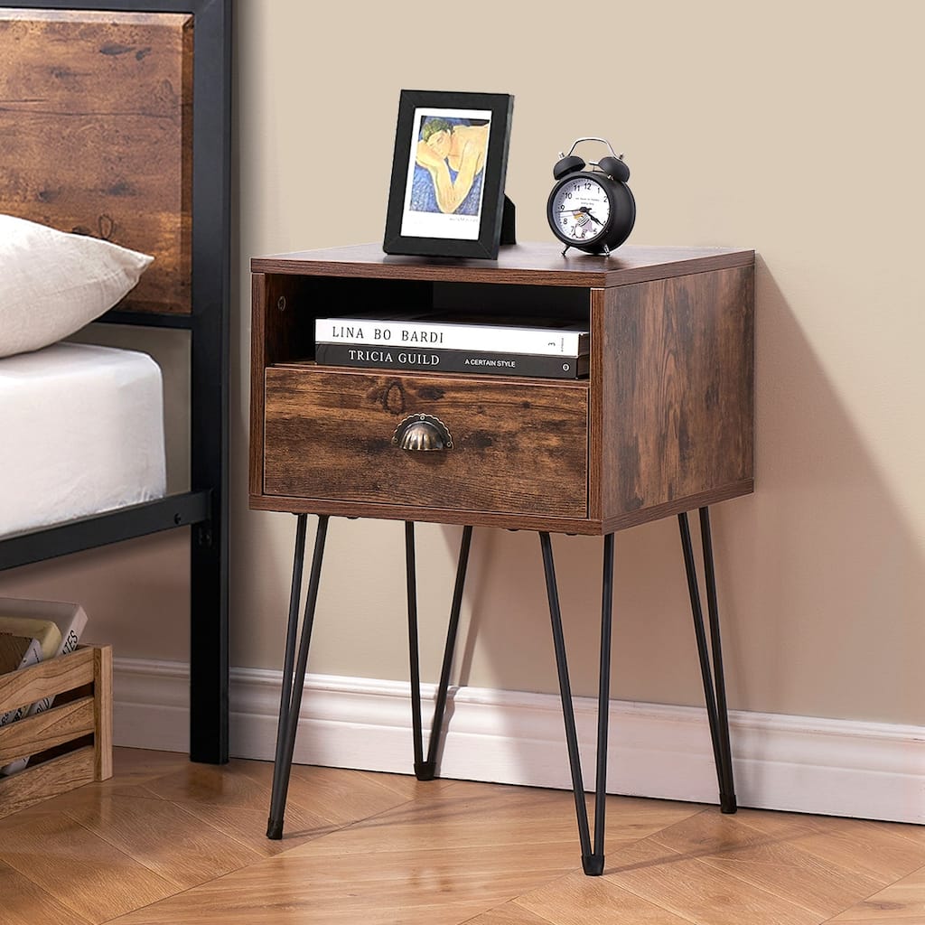 Modern Mid Century 1-Drawer Hairpin Nightstands, Brown/Blue/Black/Yellow, Four Options