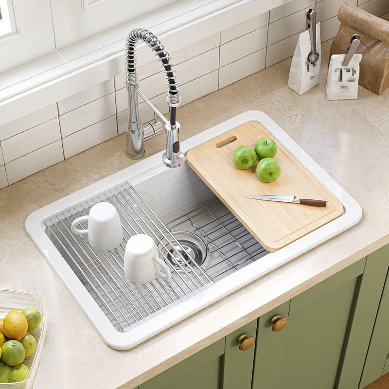 HOROW 30 in. Drop-In Single Bowl White Ceramic Kitchen Sink Standard and Bottom Grid, Drain Assembly, Cutting Board
