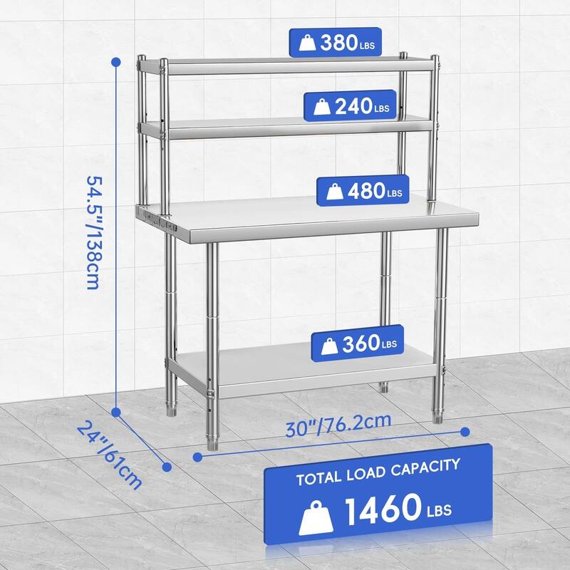 Stainless Steel Table with Overshelf, NSF Heavy Duty Prep Table