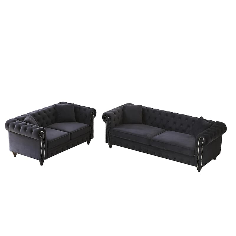 Nailheads Accent Velvet Button Tufted Chesterfield Sofas Set with Deep Seat Loveseat and 3 Seater Lounge Couch for Living Room