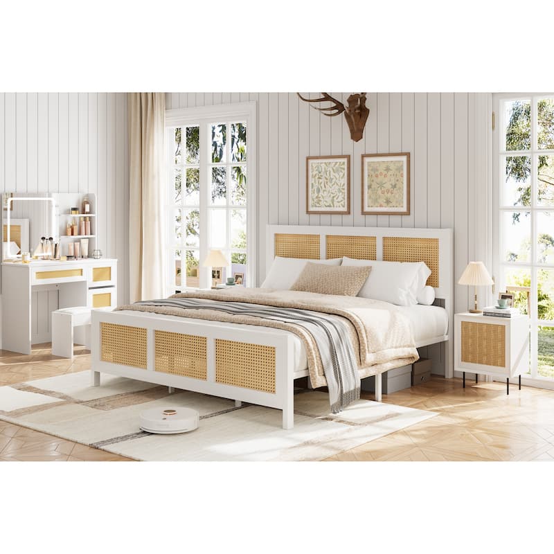 Rattan Bed Frame with Headboard, White Boho Cane Platform Bed Frame with Strong Metal Slat, Noise Free
