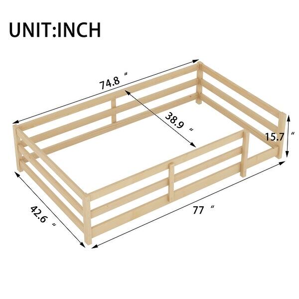 dimension image slide 2 of 3, Twin Sturdy Structure Wood Floor Bed with Guardrail and Fence for Kids, Montessori Bed