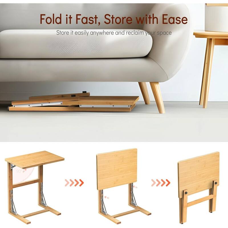 24" Folding C Shaped End Table, Small Sofa Side Laptop Desk