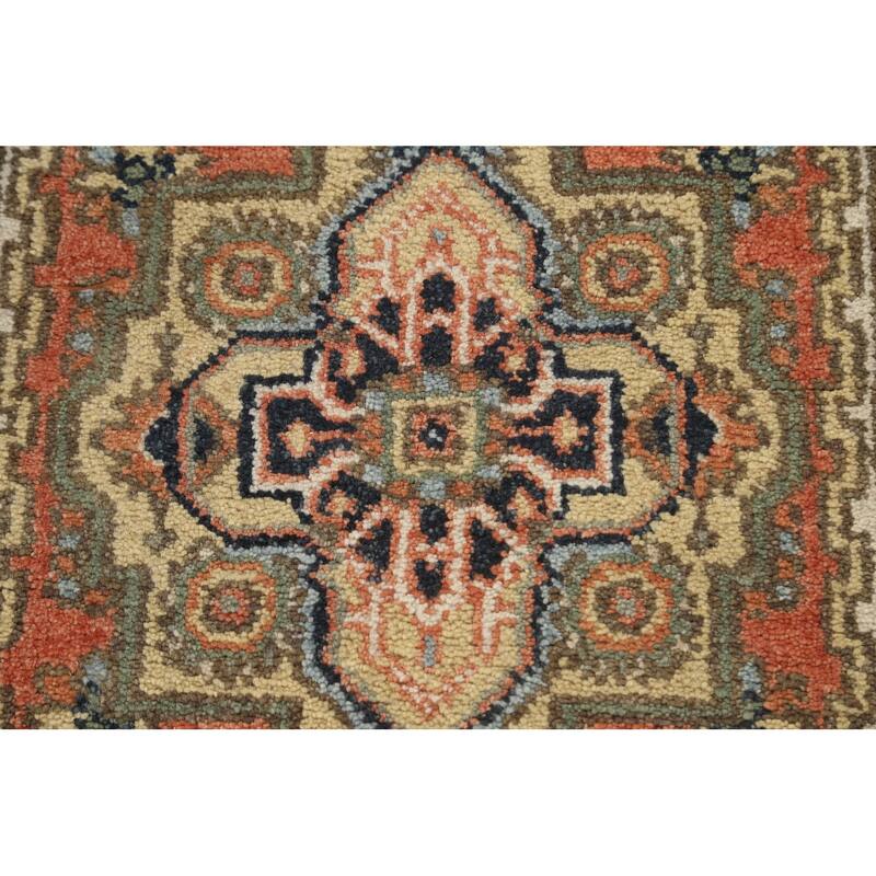 Hand Knotted Oriental 100% Wool Carpet Traditional Geometric Oranges & Rust Indo Heriz Serapi Runner Rug - 11' 11'' X 2' 7''