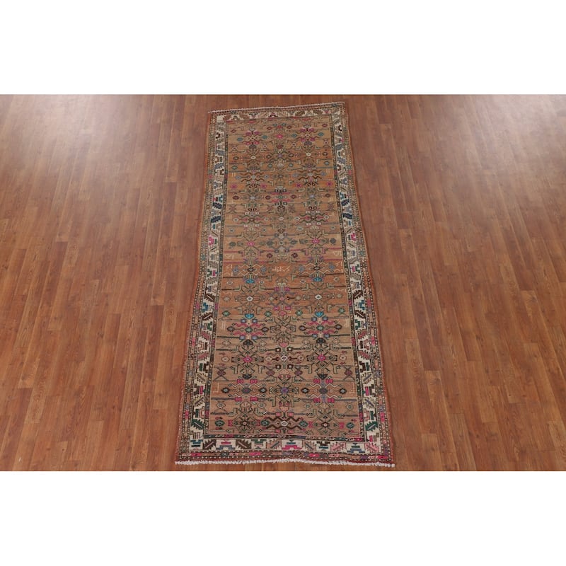 Geometric Hamedan Persian Vintage Runner Rug Handmade Wool Carpet - 3'7"x 8'9"