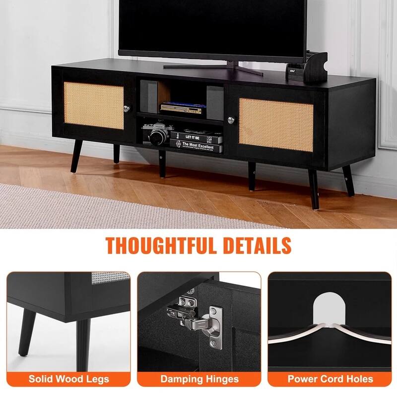 Rattan TV Stand for 65" TV Boho TV Stand with Build-in Socket Black - 55 inches