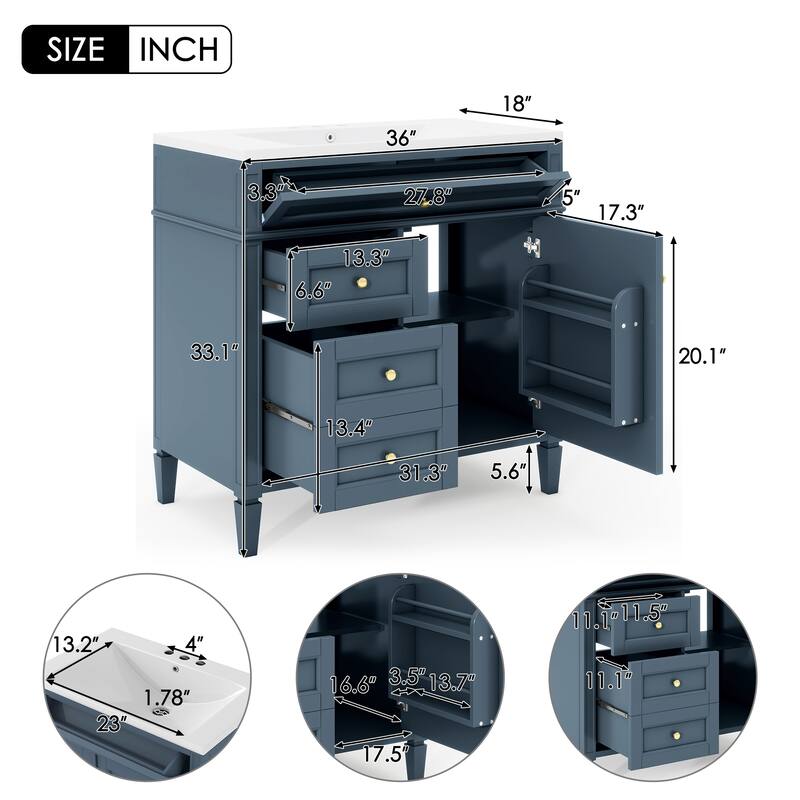 30''/36'' Bathroom Vanity with Top Sink, Modern Bathroom Storage Cabinet with 2 Drawers, a Tip-out Drawer & Adjustable Shelf