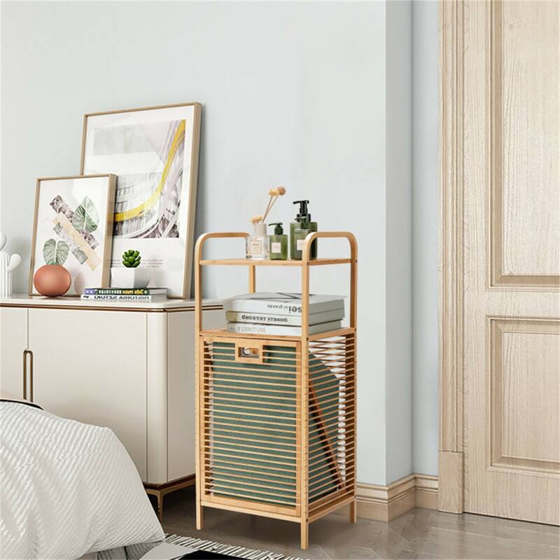 Wicker Bathroom Shelf with Removable Laundry Basket 2-Tier Storage Organizer - 16" × 12" × 38" (L × W × H)