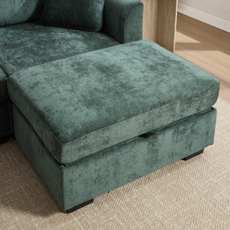 L-Shaped Modular Sectional Sofa with Storage Ottoman, 97" Chenille Corner Couch with USB Ports, Side Pockets