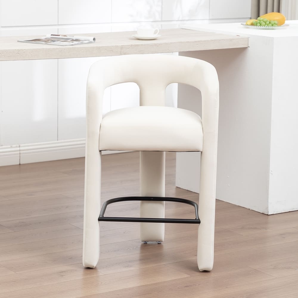SEYNAR Modern Velvet 34.6''H Fixed Height Open-Back Bar Stool with Metal Footrest